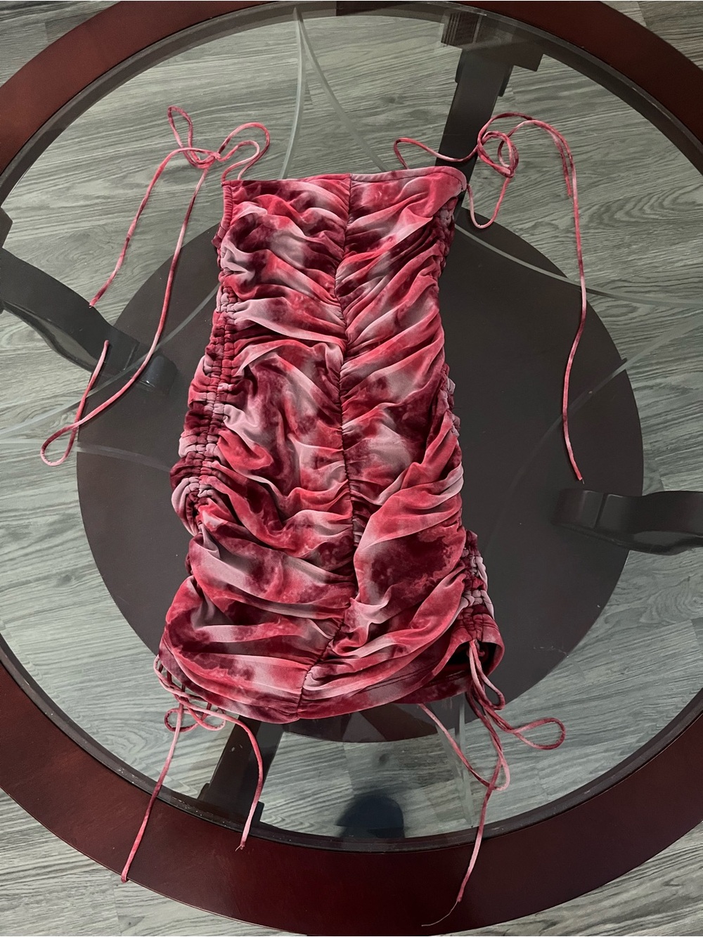 Dollhouse Ruched Velvet Slip Dress in Pink and Red Tie Detail